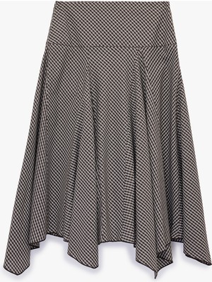 Koton Pamuklu Asimetrik Kesim Kareli Midi Kloş Etek