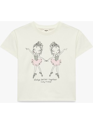 Koton Balerin Baskılı Kısa Kollu Bisiklet Yaka Pamuklu Tişört