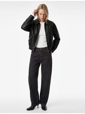 Koton Uzun Kollu Cepli Fermuarlı Oversize Suni Deri Ceket