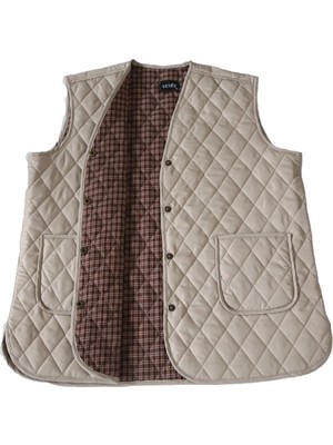 Açık Bej Renkli Vetre Kadın Ekose Yelek Büyük Beden 52 Su Geçirmez Dış Kumaş