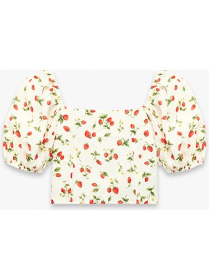 Koton Keten Viskon Karışımlı Gipeli Slim Fit Poplin Kare Yaka Crop Balon Kollu Çilek Desenli Bluz