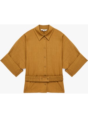 Koton Viskon Karışımlı Dokulu Geniş 3/4 Kısa Kollu Kemerli Oversize Gömlek