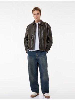 Koton Gömlek Yaka Beli Lastikli Uzun Kollu Kapaklı Cepli Suni Deri Ceket