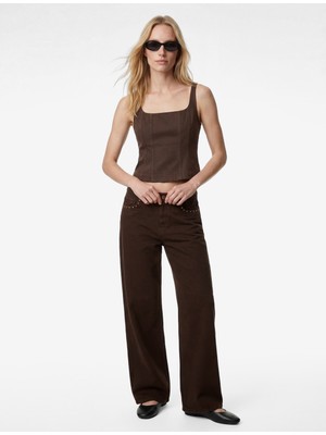 Koton Normal Bel Pamuklu Troklu Cepli Düğmeli Bol Paça Pantolon - Loose Straight Fit Jeans