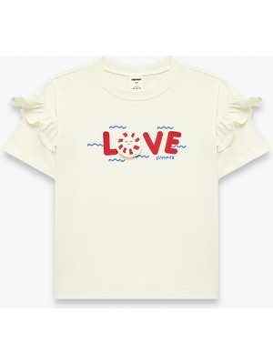 Koton Kısa Kollu Fırfırlı Bisiklet Yaka Pamuklu Aplike Detaylı Baskılı Tişört