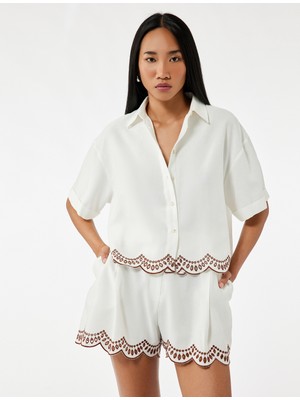 Koton Koton x Melis Ağazat - Keten Karışımlı Bol Kalıp Fistolu Brode Detaylı Kısa Kollu Gömlek