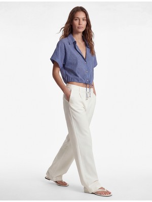 Koton Pamuklu Düğmeli Beli Bağlama Detaylı Kısa Kollu Oversize Kareli Crop Gömlek