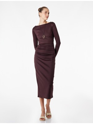 Koton Slim Fit Uzun Kollu Yuvarlak Kayık Yaka Drape Detaylı Kalem Elbise