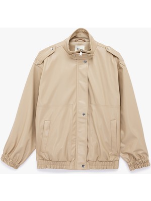 Koton Fermuarlı Uzun Kollu Cep Detaylı Dik Yaka Oversize Suni Deri Ceket