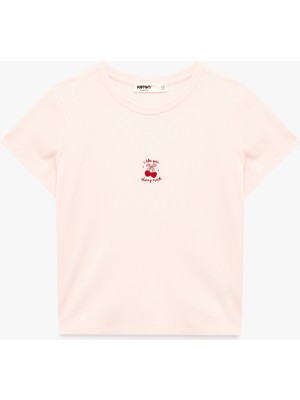 Koton Kısa Kollu Bisiklet Yaka Dokulu Kiraz Işlemeli Pijama Üstü