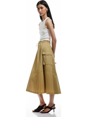 Koton Pamuklu Kargo Cepli Poplin Uzun Kloş Etek
