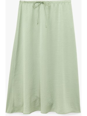 Koton Beli Bağlamalı Dokulu Saten Midi Etek