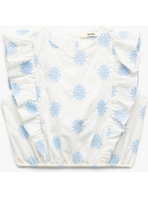 Koton Pamuklu Bisiklet Yaka Kolsuz Çiçek Nakışlı Kolsuz Crop Bluz