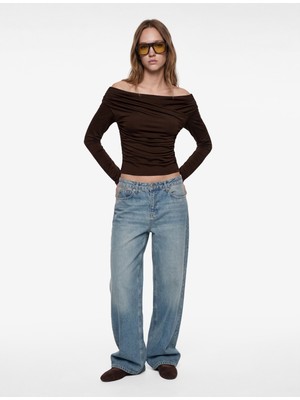 Koton Slim Fit Uzun Kollu Asimetrik Yaka Drapeli Tişört