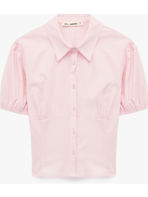 Koton Pamuklu Slim Fit Kısa Balon Kollu Klasik Yaka Crop Bluz