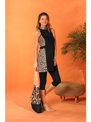 Rivamera 3’lü Siyah Yarı Kapalı Tesettür Elbise Mayo R2206