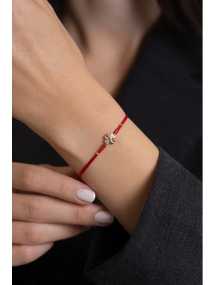 Bayar Gold 14 Ayar Altın Kırmızı İpli Dört Yapraklı Taşlı Yonca Bileklik