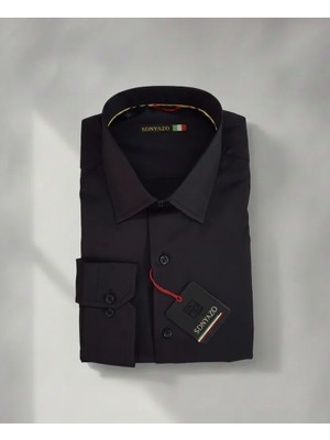 Sdnyazo Erkek Siyah Klasik Gömlek Regular Slim Pamuklu Likralı Klasik Yaka