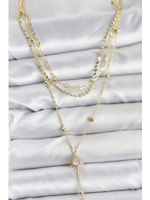 Inure Jewelry Pirinç Gold Renk Güneş Model Detaylı 3'lü Kombin Y Kadın Kolye