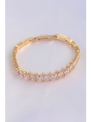 Inure Jewelry Vip Seri Pirinç Pembe Zirkon Taşlı Gold Renk Baget Model Bileklik