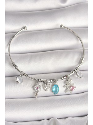 Inure Jewelry Pirinç Gümüş Renk Sallantı Zirkon Taşlı Ayıcık Figür Çiçek Detay Charm Kadın Bileklik