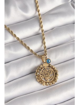 Inure Jewelry 316L Çelik Gold Renk Burgu Zincir Dorika Yaşam Ağacı Figür Nazar Boncuk Detay Kadın Kolye