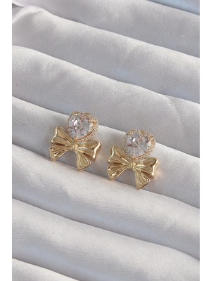 Inure Jewelry Pirinç Gold Renk Zirkon Taşlı Kalp Model Fiyonk Küpe