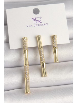 Inure Jewelry Pirinç Gold Renk Zirkon Taşlı Bambu Model 3'Lü Kadın Kombin Küpe