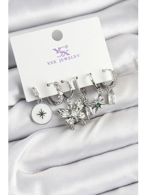 Inure Jewelry Pirinç Zİrkon Taşlı Kelebek ve Yıldız Model Gümüş Renk 3'lü Çift Kadın Küpe