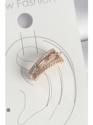 Inure Jewelry Pirinç Gold Renk Zirkon Taşlı 3'Lü Sıralı Model Kadın Kıkırdak Küpe