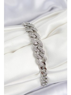 Inure Jewelry Pirinç Zirkon Taşlı Küba Zincir Model Gümüş Renk Kadın Bileklik