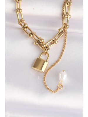 Inure Jewelry 316L Çelik Zincir Altın Renk Zincirli Love Yazılı Kilit Kolye