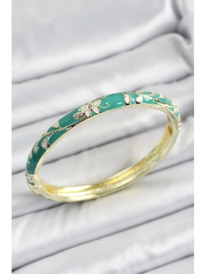 Inure Jewelry Mineli Pirinç Yeşil Çiçek Motifli Kadın Kelepçe