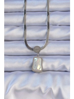 Inure Jewelry 316L Çelik Gümüş Renk İtalyan Zincir Ezme Taşlı Kolye
