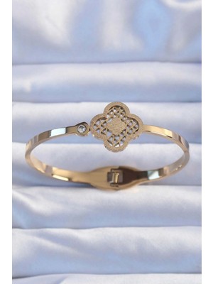 Inure Jewelry 316L Çelik Altın Renk Zirkon Taşlı Simli Yonca Kelepçe