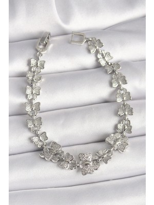 Inure Jewelry Pirinç Gümüş Renk Zirkon Taşlı Kelebek Model Zincir Kadın Bileklik
