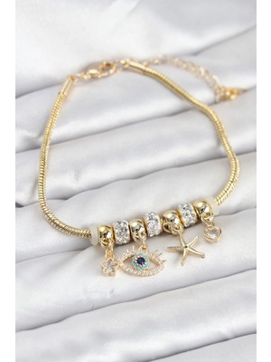 Inure Jewelry Pirinç Gold Renk Göz Model Charmlı Kadın Bileklik