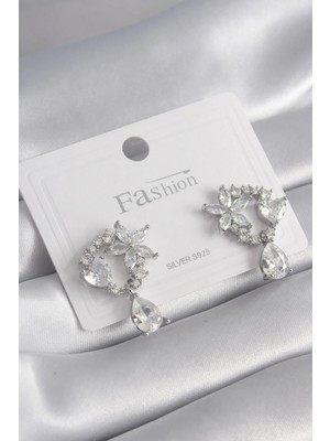 Inure Jewelry Pirinç Gümüş Renk Zirkon Taşlı Çiçek Model Sallantı Detay Kadın Küpe