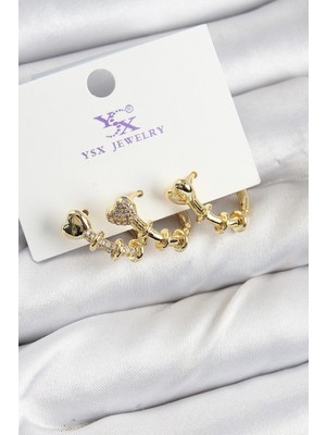 Inure Jewelry Pirinç Zİrkon Taşlı Kalp Model Gold Renk 3'lü Kadın Küpe