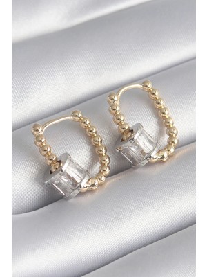 Inure Jewelry Pirinç Gold Renk Top Model Gümüş Renk Zirkon Taşlı Kadın Küpe