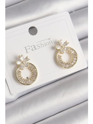 Inure Jewelry Pirinç Gold Renk Zirkon Taşlı Halka Model Çiçek Figür Kadın Küpe