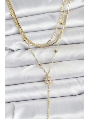 Inure Jewelry Pirinç Gold Renk Kutup Yıldızı Model Detaylı 3'lü Kombin Y Kadın Kolye