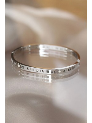 Inure Jewelry 316L Çelik Roma Rakamlı Silver Renk Bilezik Kelepçe