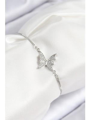 Inure Jewelry Pirinç Zirkon Taşlı Kelebek Model Gümüş Renk Asansörlü Kadın Bileklik