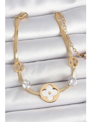 Inure Jewelry 316L Çelik Gold Renk İtalyan Zincir Beyaz Mineli Yonca Model Zirkon Taş Detaylı Kadın Bileklik