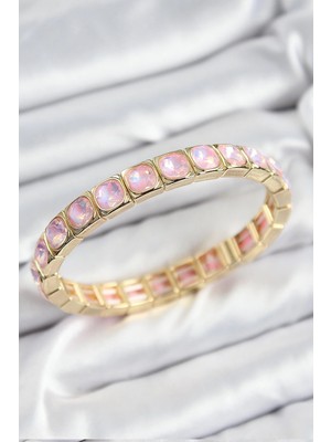 Inure Jewelry Pirinç Pembe Zirkon Taşlı Kare Model Gold Renk Lastikli Kadın Bileklik