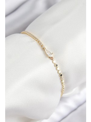 Inure Jewelry Pirinç Zirkon Taşlı Damla Model Ezme Zincir Gold Renk Kadın Bileklik