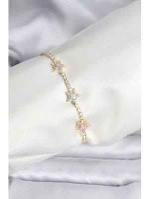 Inure Jewelry Renkli Yıldız Model Zirkon Taşlı Gold Renk Pirinç Su Yolu Kadın Bileklik