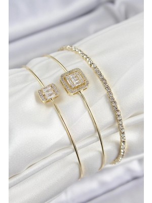 Inure Jewelry Pirinç Zirkon Taşlı Baget Model Gold Renk Vip 3'lü Kadın Bileklik