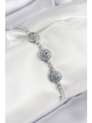 Inure Jewelry Pirinç Zirkon Taşlı Nazar Model Gümüş Renk Kadın Bileklik